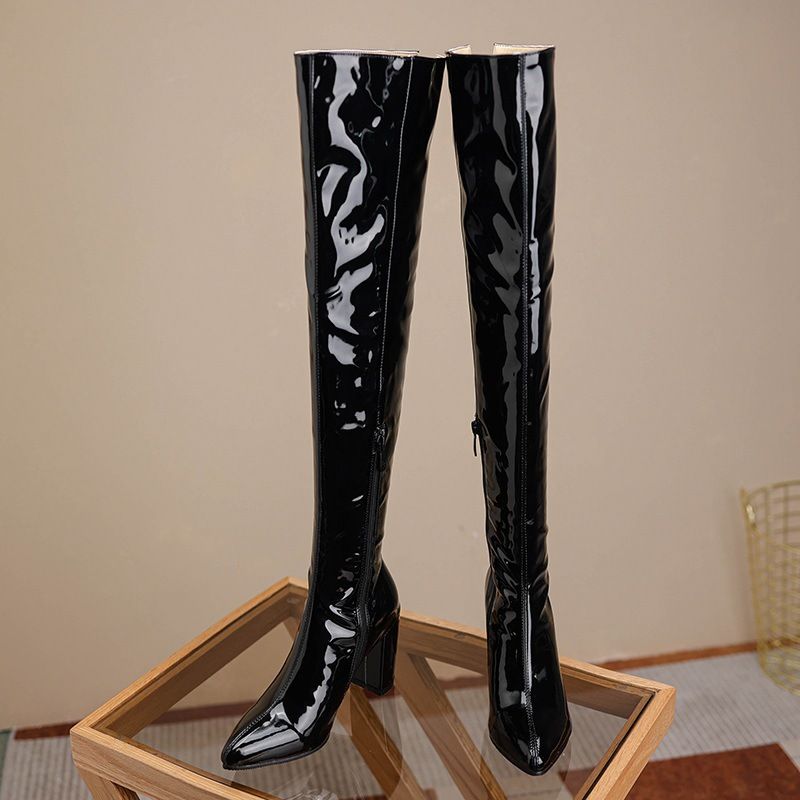 32--46 Size Pointed Toe Chunky Heel Long Over-the-Knee New Patent Leather Women's Fashion Boots_vogvips.com