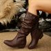 Retro Pleated Knee High Boots For Women Belt Buckle Mid Heel Plus Size Autumn Style Solid Plain PU Suede Riding Boots_vogvips.com