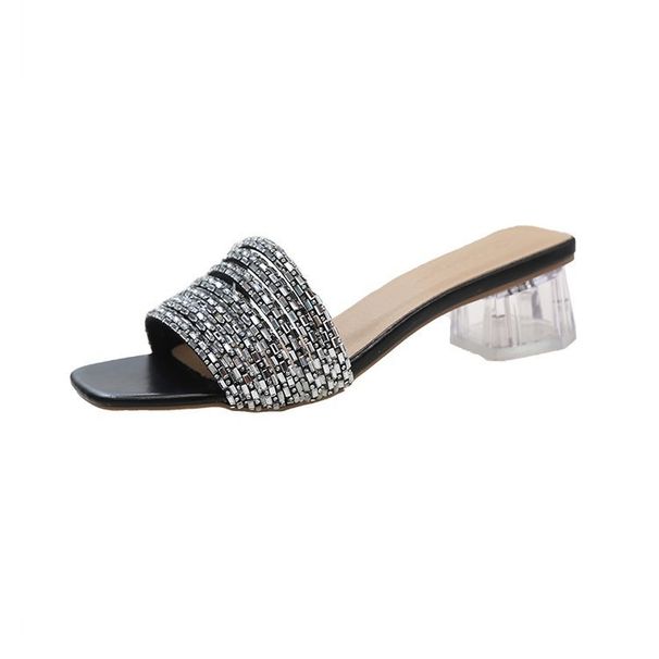Crystal-Embellished Slide Sandals - Chunky Heel Open-Toe Mules For Women | Fashionable Summer Slippers For Outdoor Wear_vogvips.com
