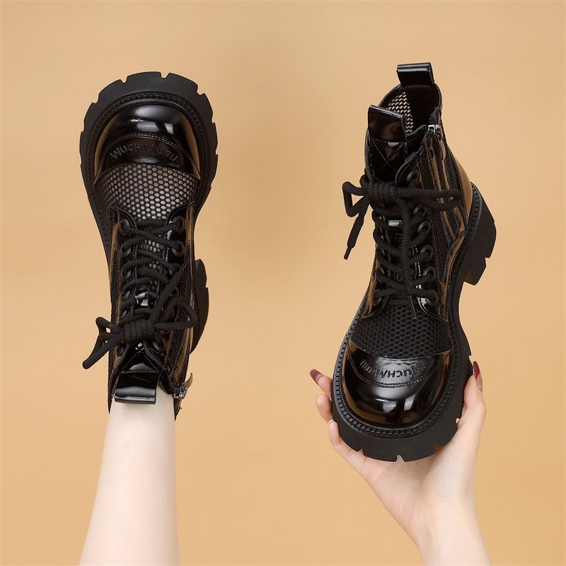 Genuine Mesh Martin For Women 2025 Spring/Summer Thin British Style Cool Thick-Soled Hollow Short Shiny Leather Boots_vogvips.com