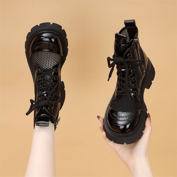 Genuine Mesh Martin For Women 2025 Spring/Summer Thin British Style Cool Thick-Soled Hollow Short Shiny Leather Boots_vogvips.com