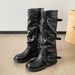 Retro Buckle Detail Stacked Knee High Boots For Women - Chunky Heel, Leather Look, Fashion Riding Boots, Black & Brown_vogvips.com