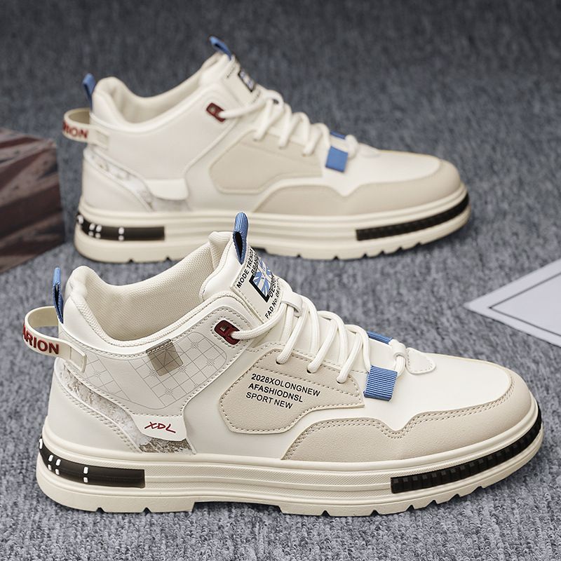 Men's High-Top Sneakers Breathable Casual Shoes With Thick Sole For Height Boost, Lightweight & Comfortable For Summer, Beige/Black_vogvips.com