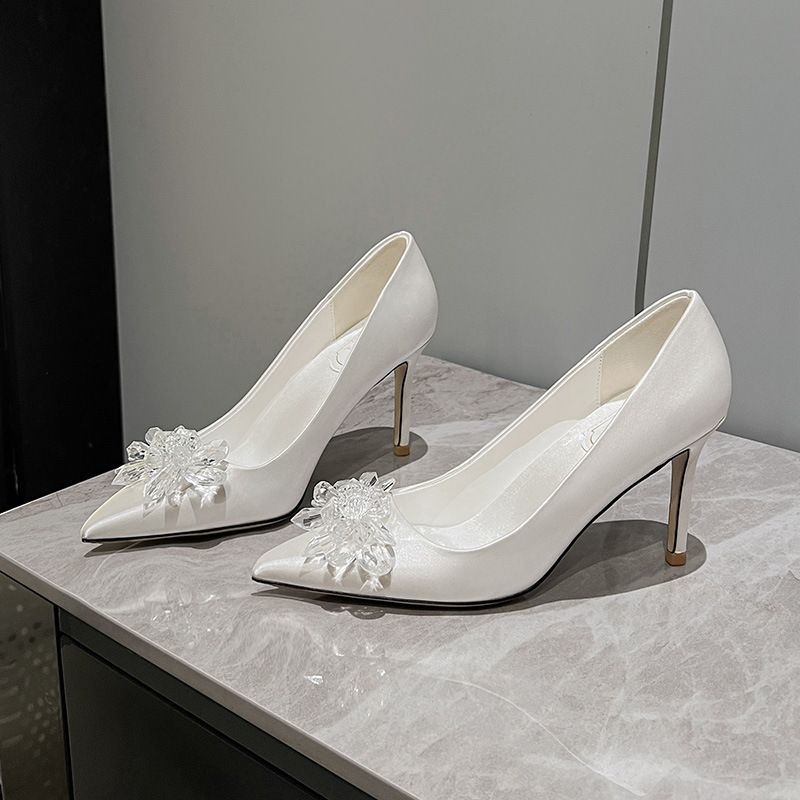 Women's Elegant High Heels White Satin Crystal Flowers Wedding Shoes New Fashion Brides_vogvips.com