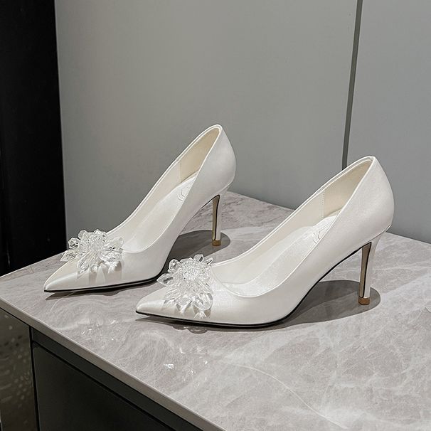 Women's Elegant High Heels White Satin Crystal Flowers Wedding Shoes New Fashion Brides_vogvips.com