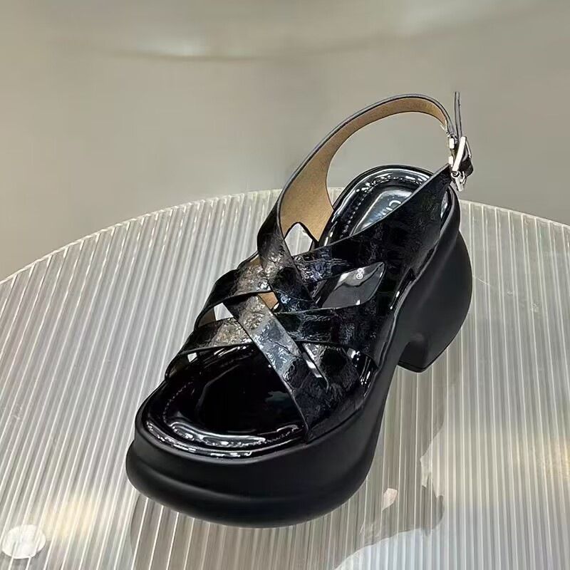 European Station Slope Heel Sandals Women's Small Muffin Platform Crossed With Silver Roman Shoes_vogvips.com