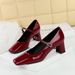 Elegant Women's Shoes Rhinestone Word With Square Head Heels Patent Leather Glossy Light Mouth Thick Heel Medium Heel Single Shoes_vogvips.com