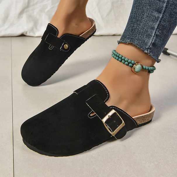 Fashion Gold Woven Buckle Clogs For Women 2026 Summer Closed Toe Cork Sole Mule Shoes Woman Non-slip Flat Heels Half_vogvips.com