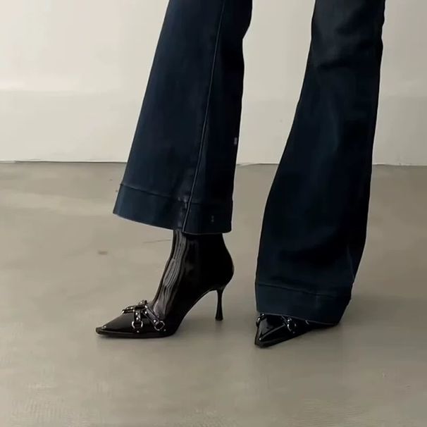 High Heel Pointed Toe Short For Women, Slip-On Stiletto, 2025 New Autumn Winter Black Patent Leather High-End Slim Boots_vogvips.com