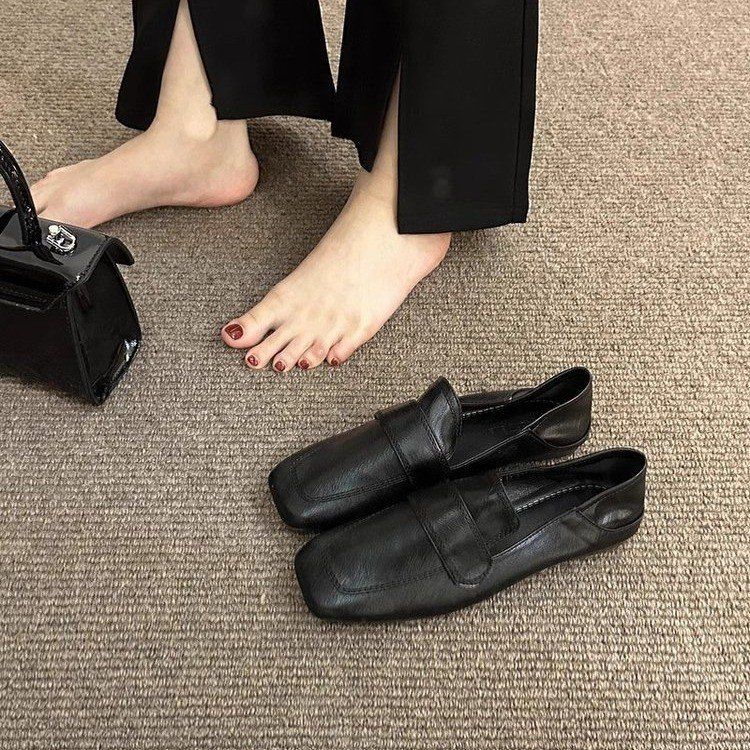 Square Head Doudou Shoes Women's Gentle Flat-bottomed Casual Single Shoes Soft Leather Soft Sole One Pedal Loafer Small Leather Shoes_vogvips.com