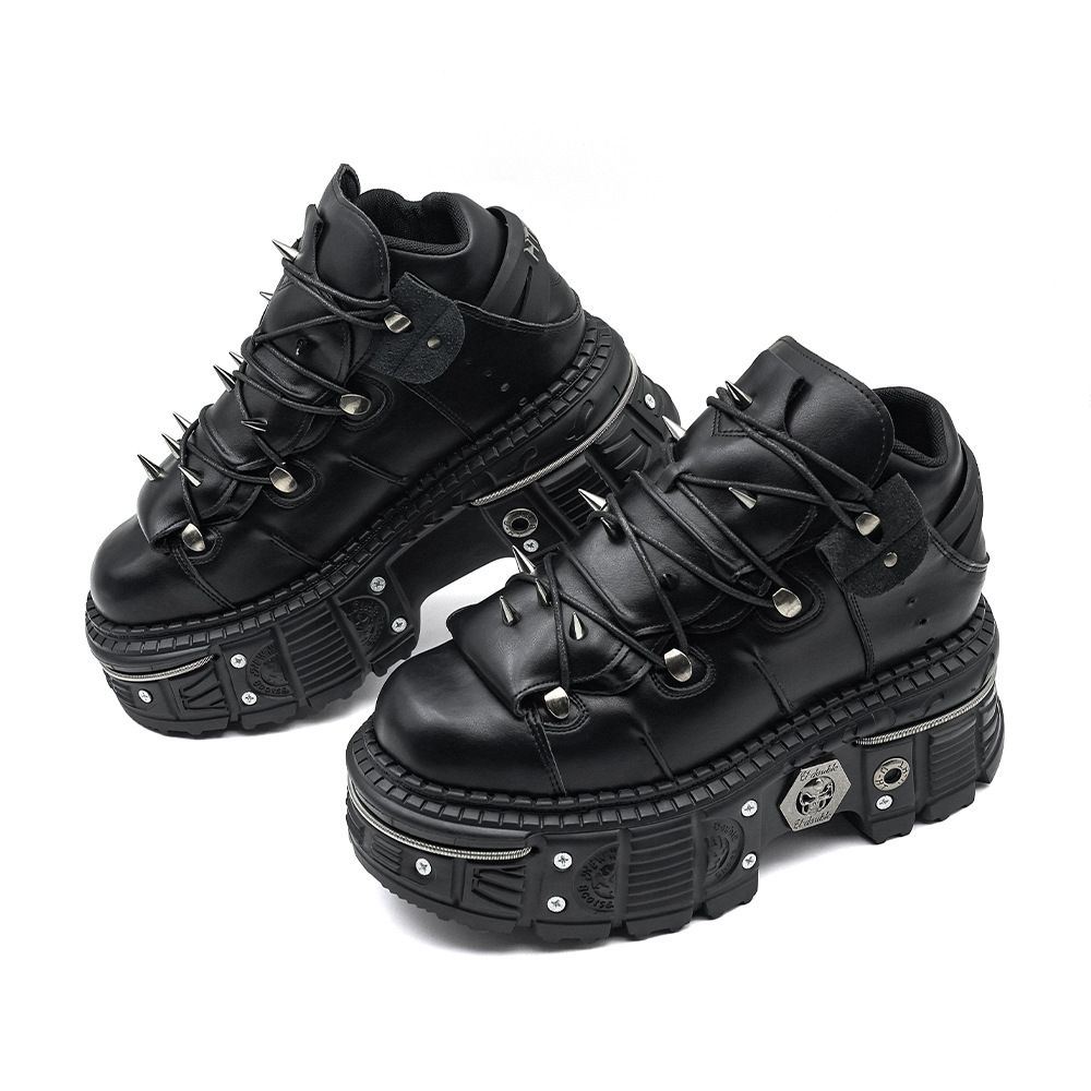 Gothic Sponge Cake Thick Soled Punk Metal High Rise Small Leather Rivet Women's Boots Dark Single Shoes 2026 Spring And_vogvips.com