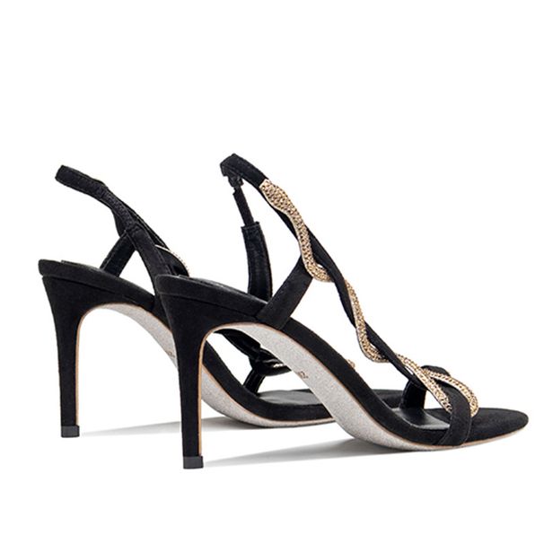 Summer New One-word Strap High Heels Temperament Rhinestone Snake Shape Same Open-toed Sandals Women's Stiletto_vogvips.com
