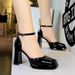 Square Head Hollow One-word Buckle High-heeled Sandals Women's Waterproof Table Thick Heel Patent Leather Glossy Women's Shoes_vogvips.com