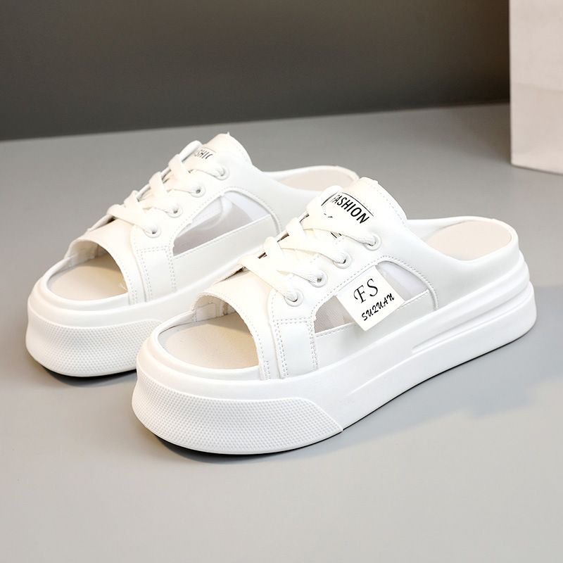 K8707 New Mesh Half 2023 Summer Trend Hollow Breathable Thick Sole Height Increasing Casual Slippers Sandals Sneakers_vogvips.com