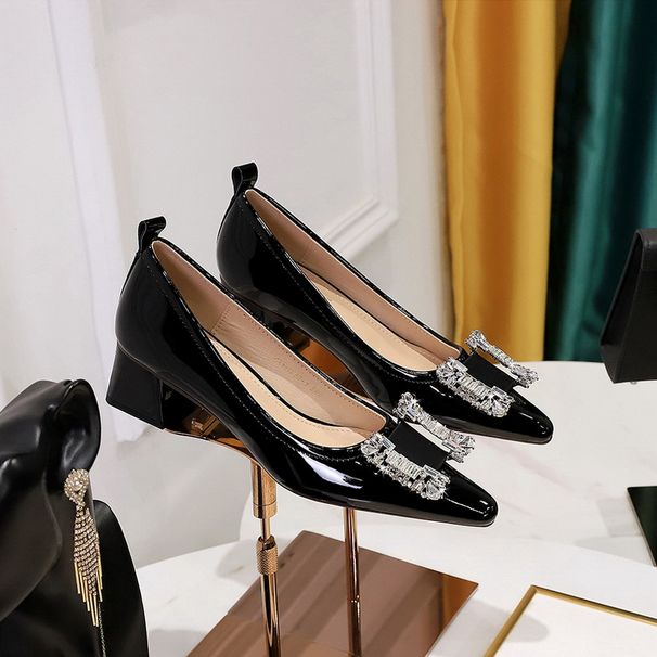 Women's shoes thick mid-heel shallow mouth small square head patent leather metal diamond-buckle high heel single shoes for women_vogvips.com
