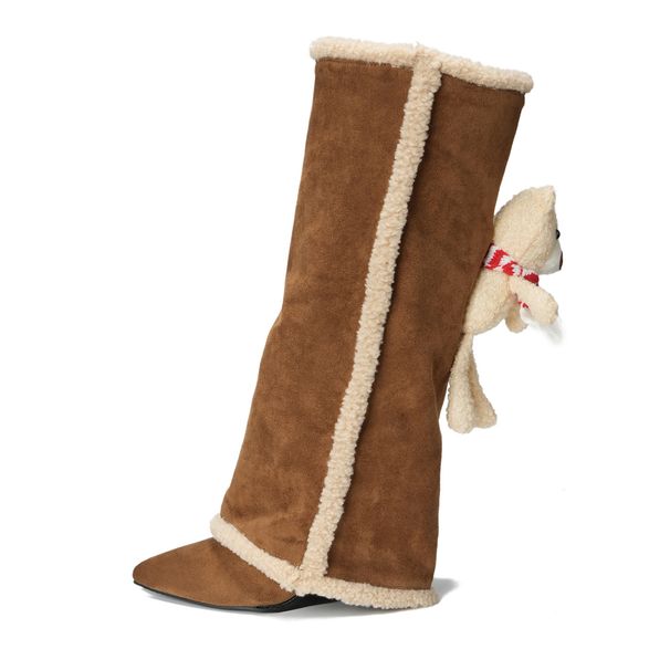 Women's Shoes Winter New Style Thigh High Boots With Detachable Bear Design, Wedge Heel, Pointed Toe, Over The Knee, Lambswool Wool._vogvips.com