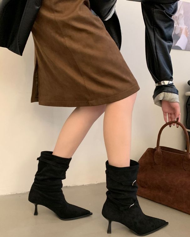 Women's Fashion Pointed Toe Stiletto Heel Ankle Boots - Slim Fit Suede Mid-Calf Boots With Buckle Detail High Heel Skinny Short Boots Women_vogvips.com