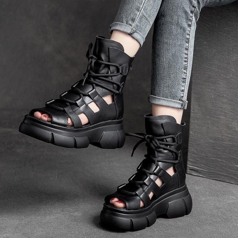 Sandals Women's Boots Hollow High-top Thick-soled Fashion Open-toed Fish-mouth Boots Roman Shoes Breathable_vogvips.com