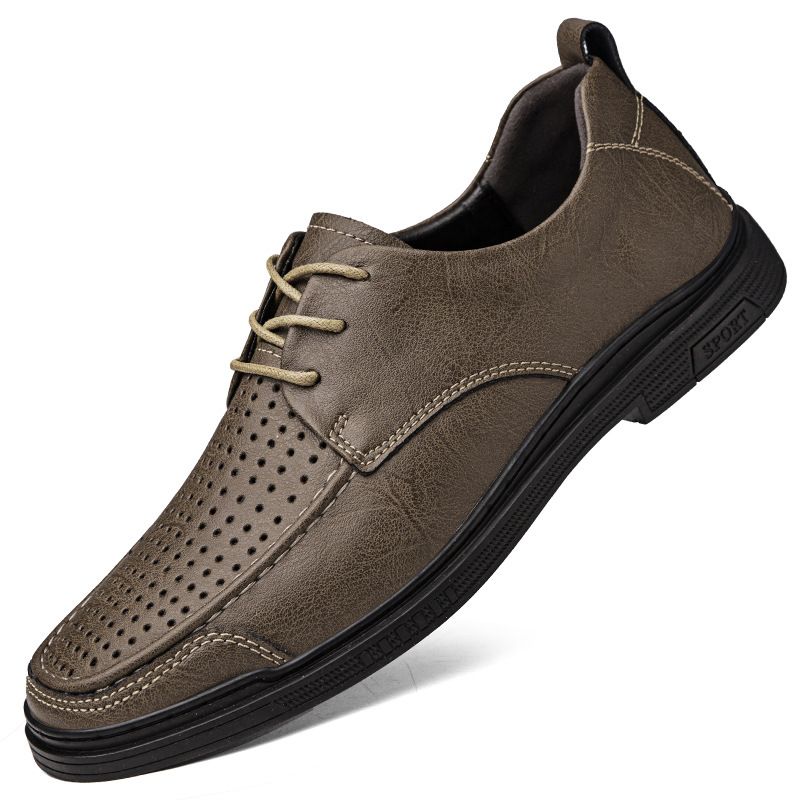 Men's Shoe Pattern Casual Leather Shoes Men's Leather Hole Shoes Lace-up Mesh Soft Sole Driving_vogvips.com