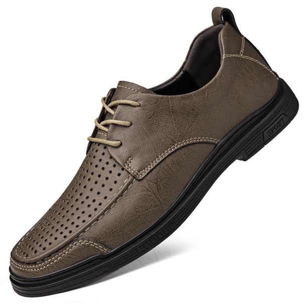 Men's Shoe Pattern Casual Leather Shoes Men's Leather Hole Shoes Lace-up Mesh Soft Sole Driving_vogvips.com