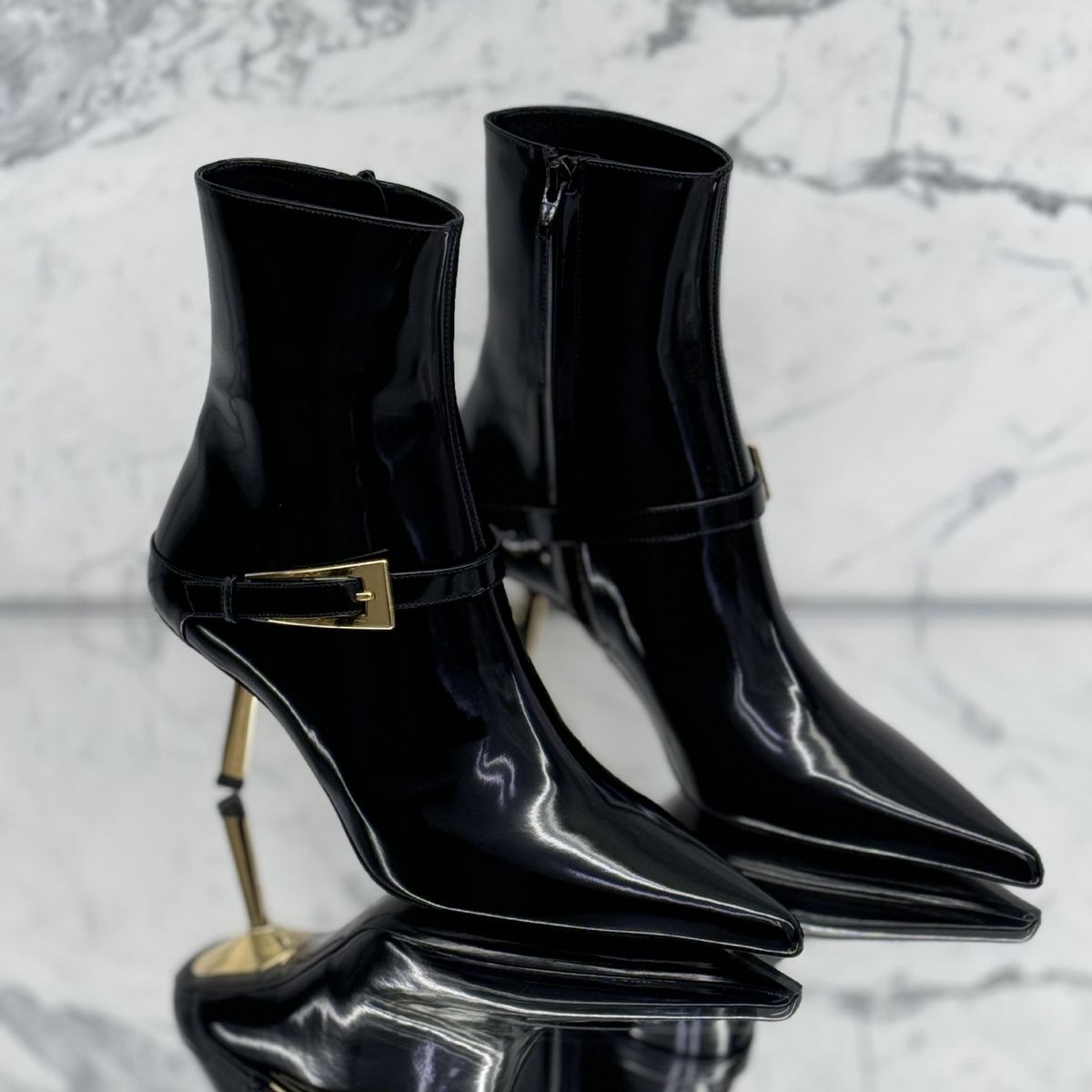 High Quality Pointed High-heeled Boots For Women 2025 New Autumn And Winter, Belt Buckle, Patent Leather Short Boots,_vogvips.com