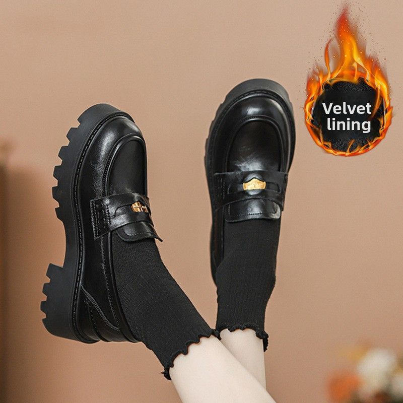 platform-soled Loafers, Velvet Small Leather Shoes, Women's Gold Coins, One Pedal_vogvips.com