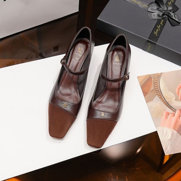 Thick Heel High Heels Women's Retro Brown Light Mouth High Heel Single Shoes Square Head One Pedal Soft Leather Commuting Not Tired Feet Women's Shoes_vogvips.com
