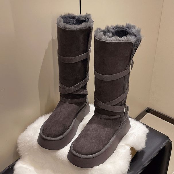 Tall Snow Boots Women's Fleece Fleece Long Tube Thick Bottom But Knee Belt Buckle Snow Cotton Boots_vogvips.com