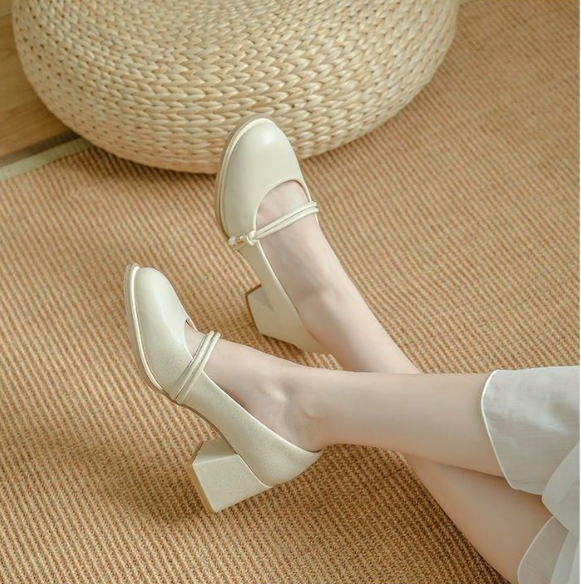 Round-Toe Mary Jane 2024 Summer New Slip-On Chunky Heel High Heels Women's Solid Color Versatile Fashion Shoes_vogvips.com