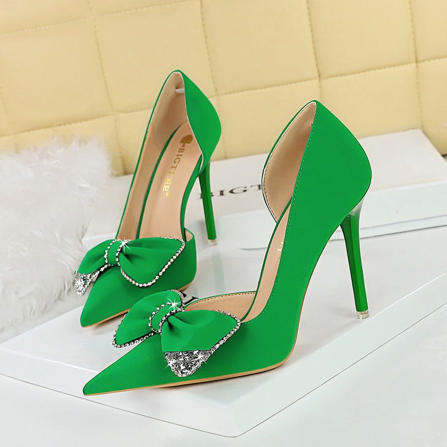 Elegant Women's High Heel Pumps With Rhinestone Bow Detail - Pointed Toe, Side Cut-Out Design, Ultra High Stiletto Heel For Evening Parties_vogvips.com