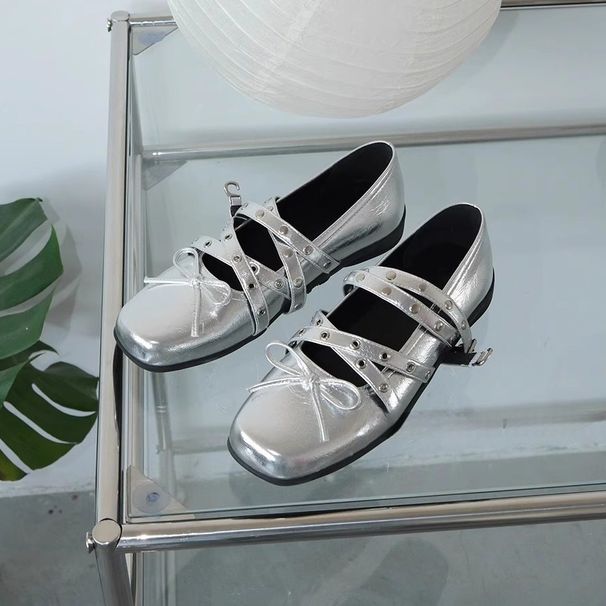 Sheepskin Version Red Bowknot Small Shoes For Women Autumn Genuine Leather Retro Shallow Mouth Rivet Ballet Flat Shoes_vogvips.com