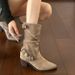Women's Retro French Style Pointed Toe Chunky Heel Boots With Belt Buckle Detail, Stacked Mid-Calf Boots For Winter Sizes 35-40 Mid Tube Stacked Boots_vogvips.com