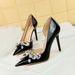 638-H19 High Thin Heels, Banquet Women's Shoes, Shallow Mouth, Pointed Side, Hollow Lacquer Leather, Water Diamond Bow_vogvips.com
