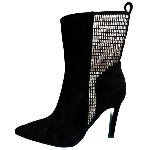 Elegant Black Suede Pointed Toe Stiletto Heel Boots With Rhinestone Details - Winter & Fall Fashion Women's Mid-Calf Boots_vogvips.com