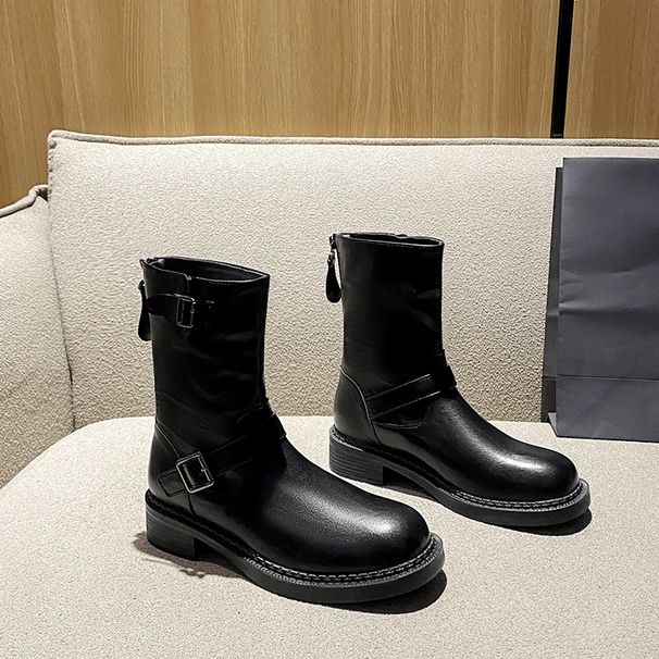 Cowhide ~ Melad Style Genuine Leather Mid-Calf For Women With Belt Buckle Short Thick Sole Martin Slim Boots_vogvips.com