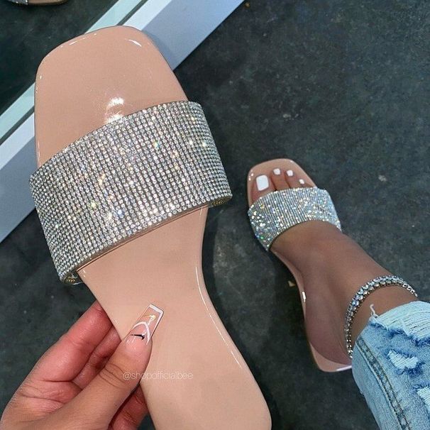 Plus Size Women's Flat Slippers Casual Square Toe Sandals Rhinestone Decorated Size 42 New Summer Style_vogvips.com