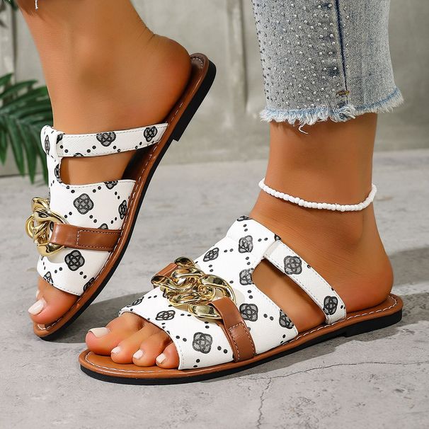 New Style Printed Round Toe Flat For Women 2026s Best Selling Large Sizes 36 43 Chain Buckle Holiday Beach Slippers Free_vogvips.com
