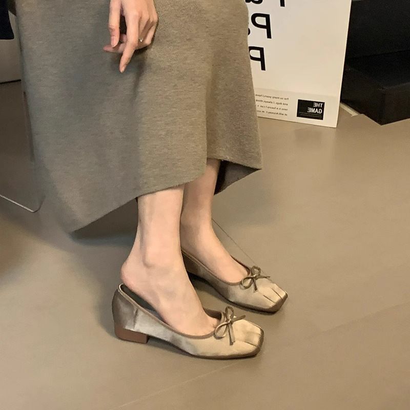 Satin Square Head Ballet Shoes Women's Spring And Summer Versatile Niche Bow Light Mouth Ladyshoes Evening Breeze Gentle Shoes_vogvips.com
