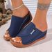 Large Size Women's Casual Slippers Thick Soled Fish Mouth Wedge Heeled Wide Striped Simple Fashionable Slip-On Shoes_vogvips.com