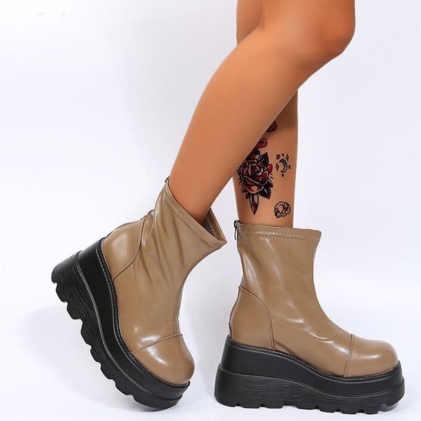 Women's Chunky Heel Mid-Calf Boots With Back Zipper - Round Toe Platform Boots For Fall And Winter, PU Upper & Rubber Sole_vogvips.com