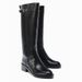 Unique Buckle Decorate Knee Boots Women Fashion Patchwork Design Chunky Heel Boots Black Soft Leather Waterproof Platform Boots_vogvips.com