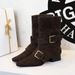9625-1 Vintage Style Western Cowboy With Square Toe, Belt Buckle, Chunky Heel, Versatile Suede Ankle Boots, Mid-Calf_vogvips.com