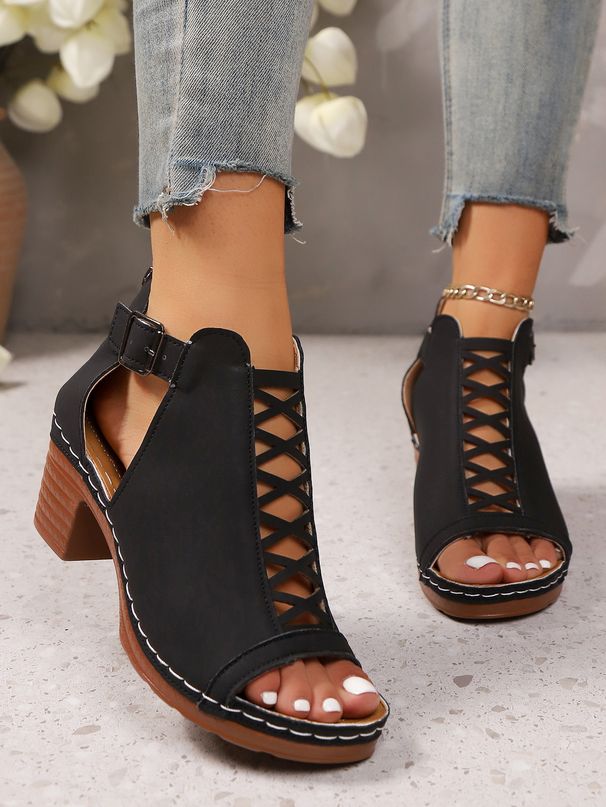 New Chunky Heel Open-toe Roman Sandals With Cutout Detail And Buckle Straps - Plus Size Available_vogvips.com