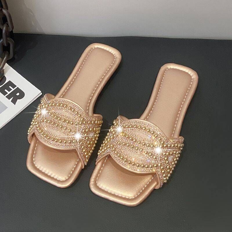 2026 Summer Women's Outdoor Flat Large Size Sandals, Fashionable Shiny Rhinestone Ladies' Slippers_vogvips.com