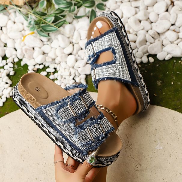 Summer New Style Women's Tassel Platform Slippers Double Buckle Rhinestone Plus Size One Strap Fashionable Shoes_vogvips.com