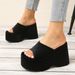 Women's Shoes Large Size Women's Thick Soled Sandals Wedge Heel One Strap Sandals Heightening Sandals_vogvips.com