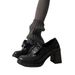 Women's Shoes New Style High Heeled Loafers, Petite Chunky Heel Single Shoes, Black, Versatile Slip On, Deep Mouth JK Leather Shoes_vogvips.com