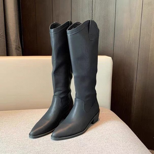 Autumn Winter Fleece-Lined Clearance Sale Chunky Heel French Pointed Toe Western Cowboy Slimming Over-the-Knee High_vogvips.com
