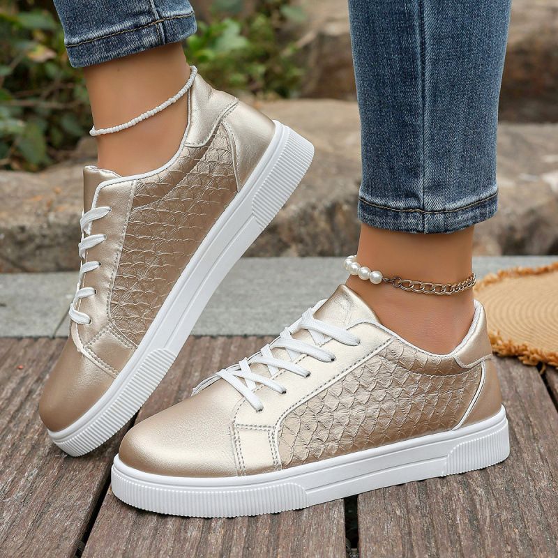 Plus Size 42 Gold Sliver Sneakers Spring Autumn New Women Fashion Lace-up Soft PU Leather Board Ladies Casual Shoes_vogvips.com