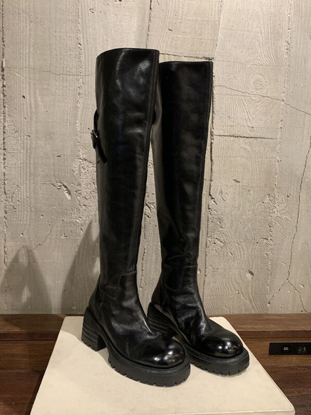 Washed Cowhide ~ Grape Mom Same Style Genuine Leather Chunky Heel Over-the-Knee For Women Thick Sole Slimming Long Tube_vogvips.com